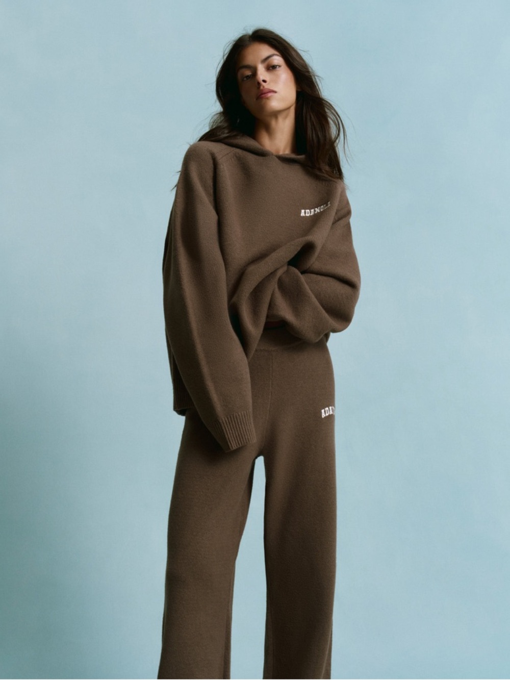 ADANOLA Chest Varsity Oversized Knit Hoodie - Dark Cocoa Brown/Marshmallow M nwt